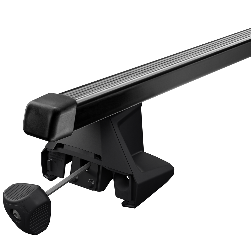 Close-up of Thule SquareBar roof bar and 7105 foot pack with torque key