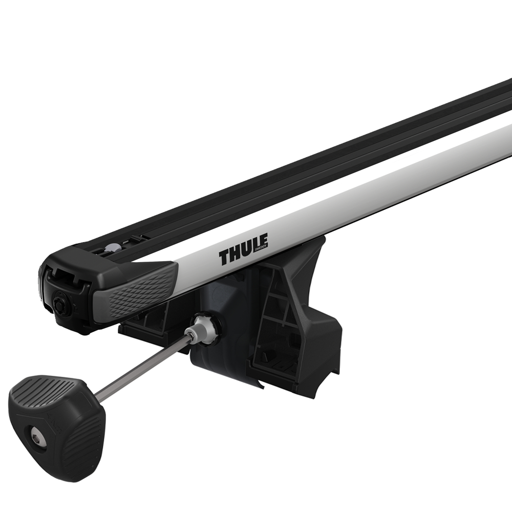 Close-up of Thule SlideBar roof bar and 7106 foot pack with torque key