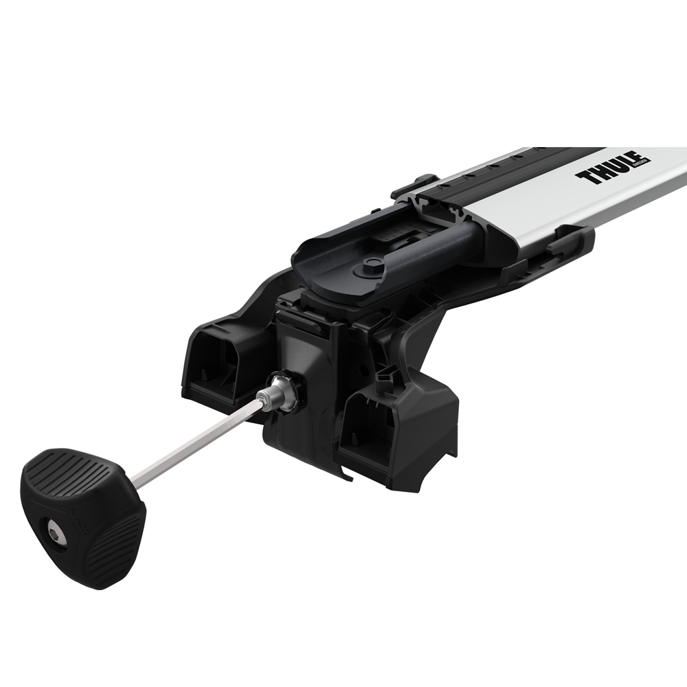 Close-up of Thule WingBar Edge roof bar and 7206 foot pack with torque key