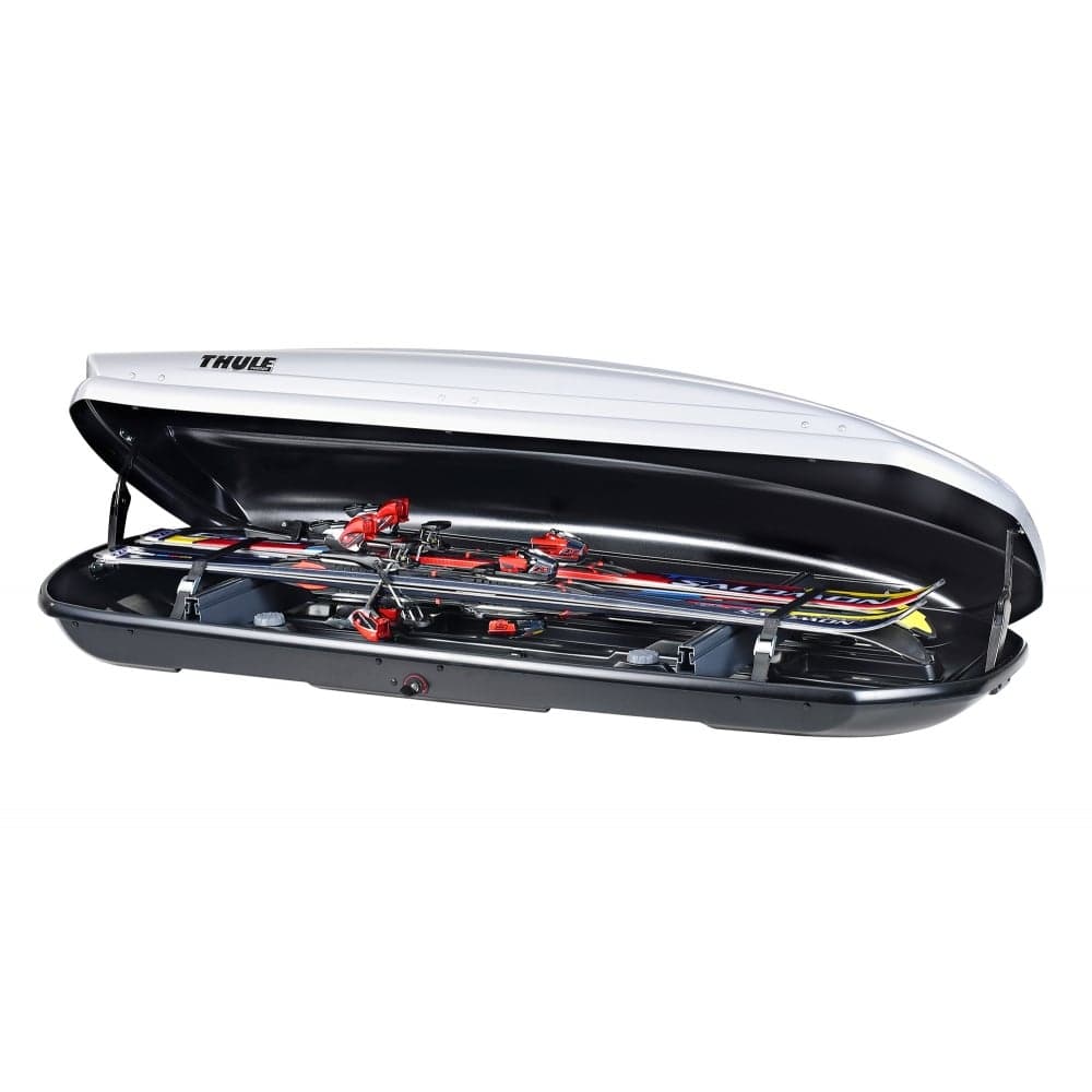 Thule roof box for vehicle carrying skis, black in color, with the brand name visible on the box.
