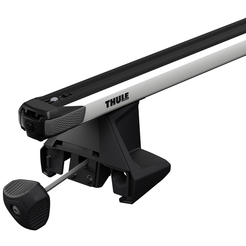Close-up of Thule SlideBar roof bar and 7105 foot pack with torque key