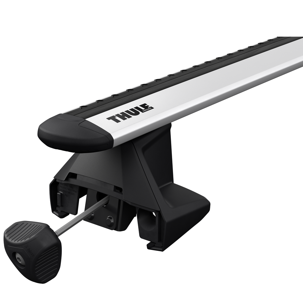 Close-up of Thule WingBar Evo roof bar and 7105 foot pack with torque key