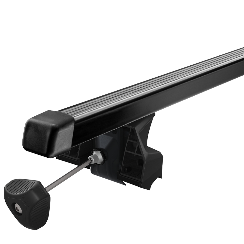 Close-up of Thule SquareBar roof bar and 7106 foot pack with torque key