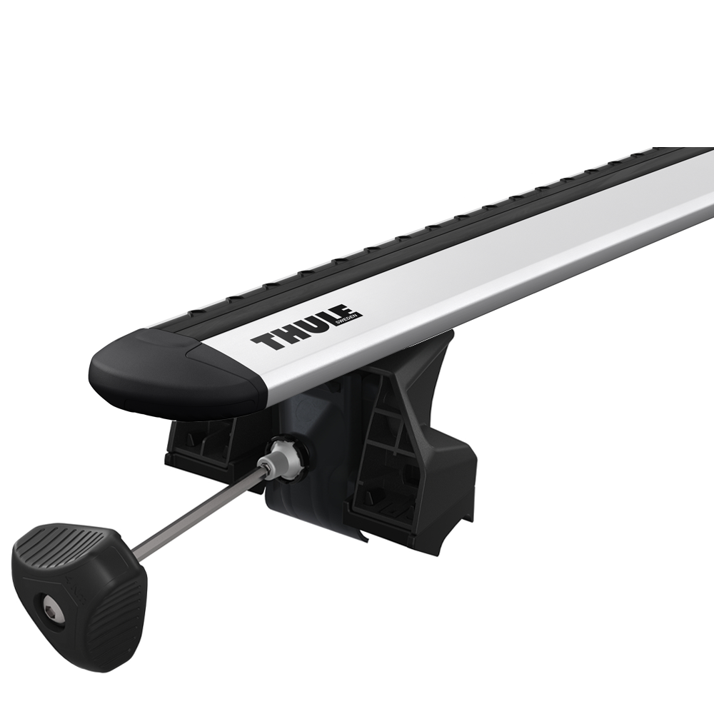 Close-up of Thule WingBar Evo roof bar and 7106 foot pack with torque key