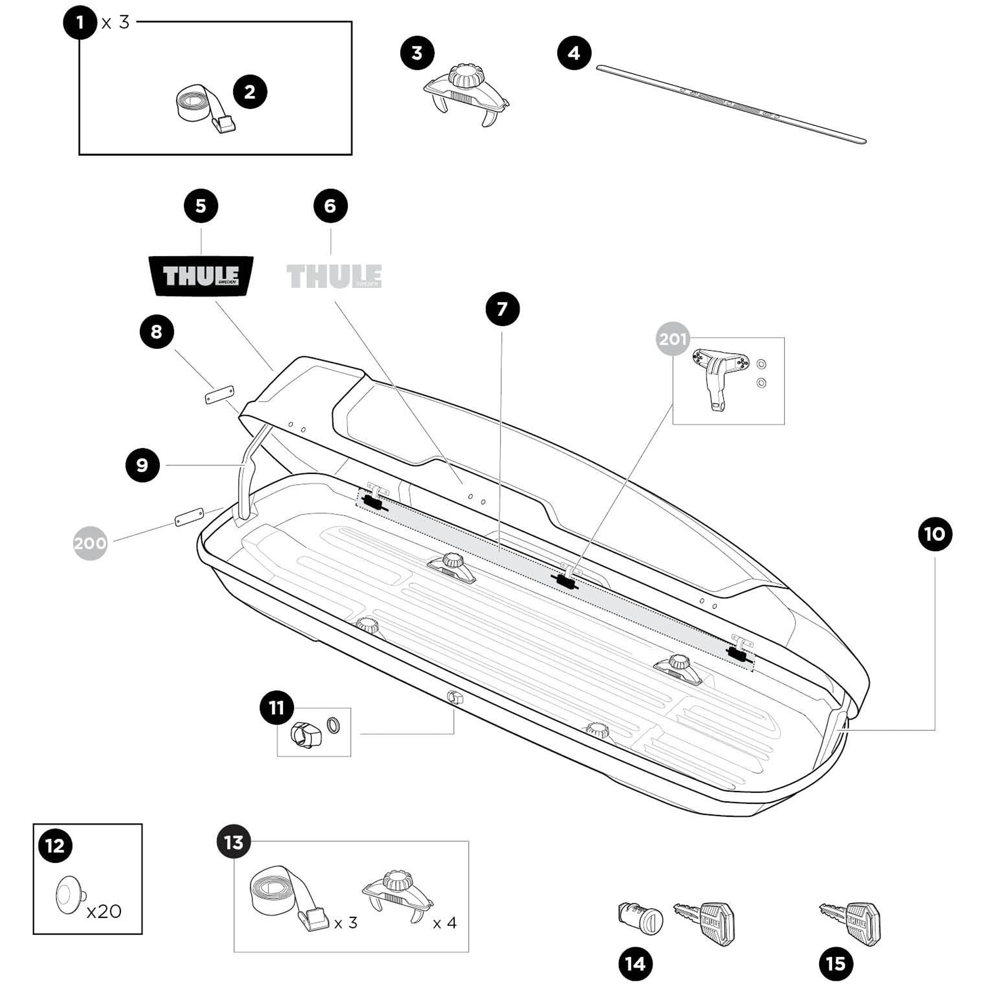 Thule Force XT S Roof Box Spare Parts numbered spare-parts diagram
