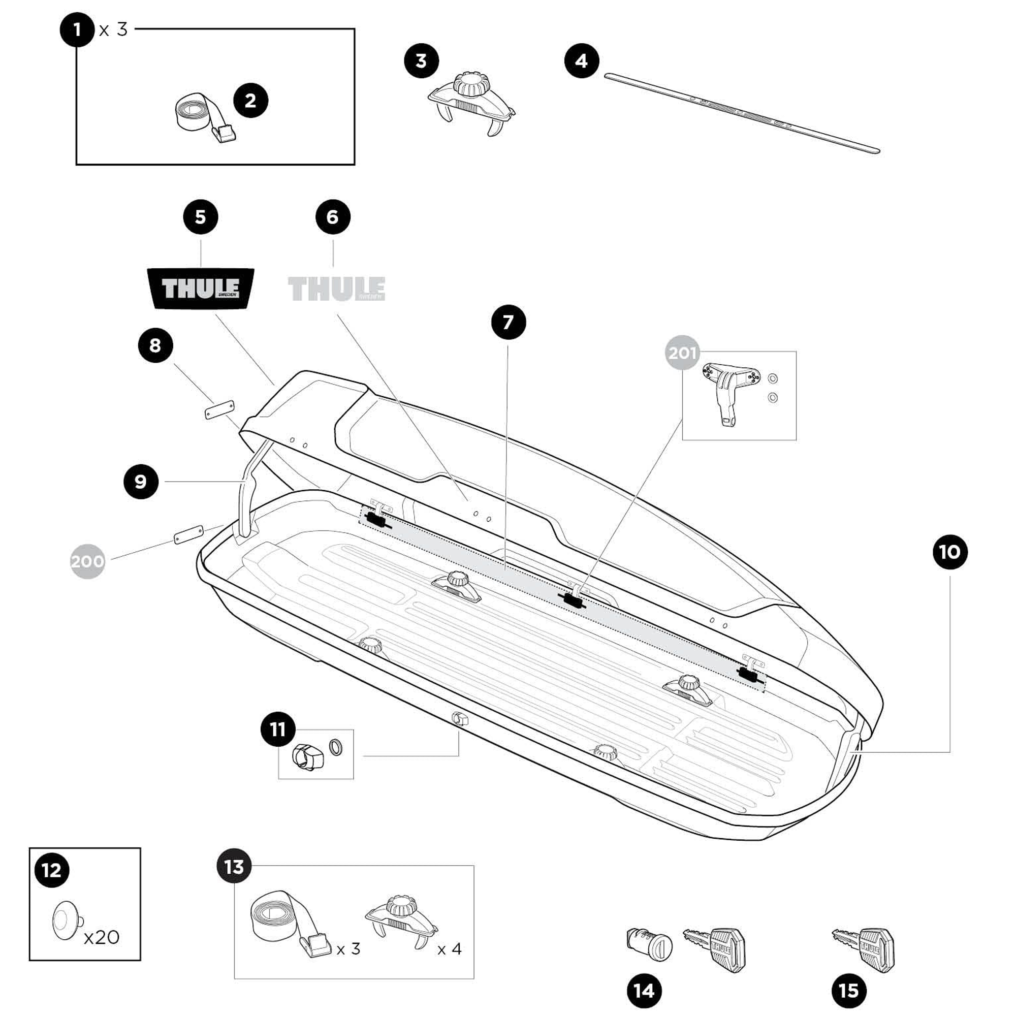 Thule Force XT XL Roof Box Spare Parts numbered spare-parts diagram