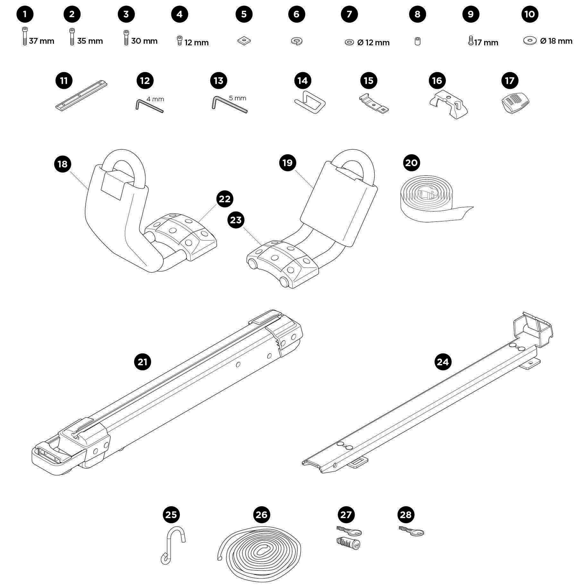 Thule Hullavator Pro Spare Parts numbered spare-parts diagram