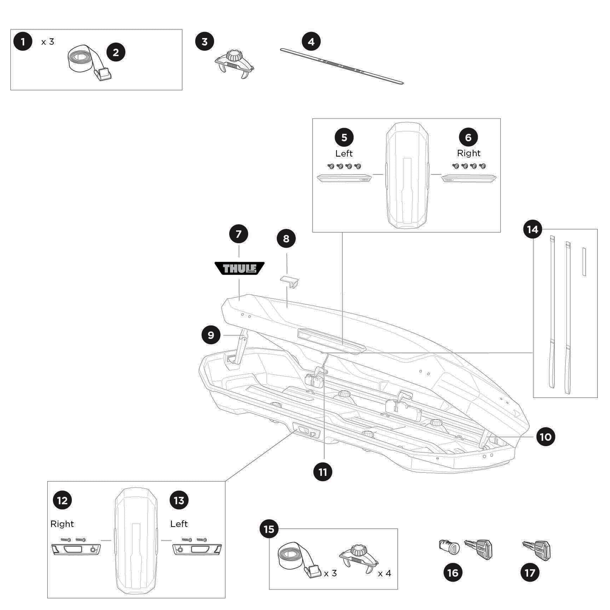 Thule Motion 3 M Roof Box Spare Parts numbered spare-parts diagram