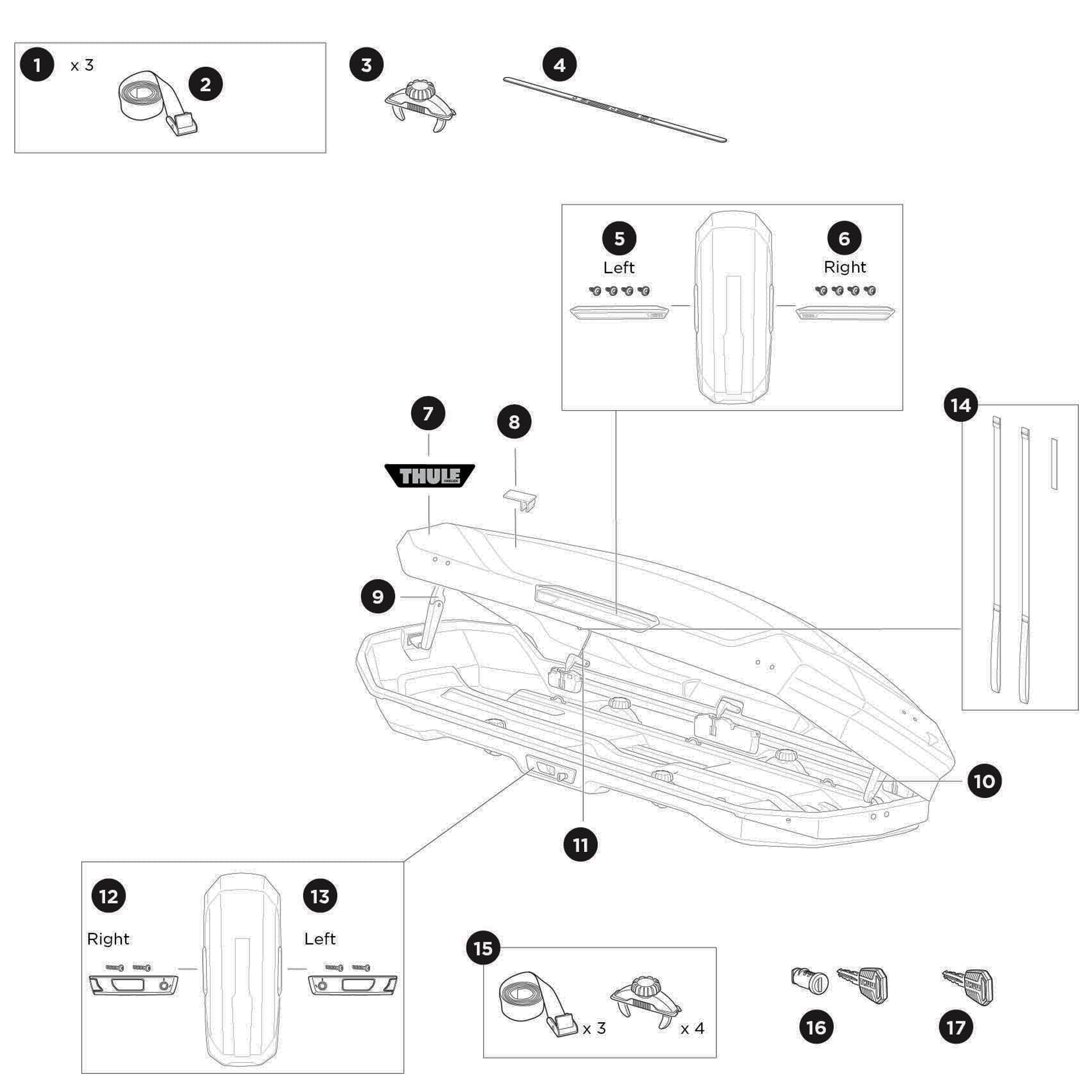 Thule Motion 3 Sport Roof Box Spare Parts numbered spare-parts diagram