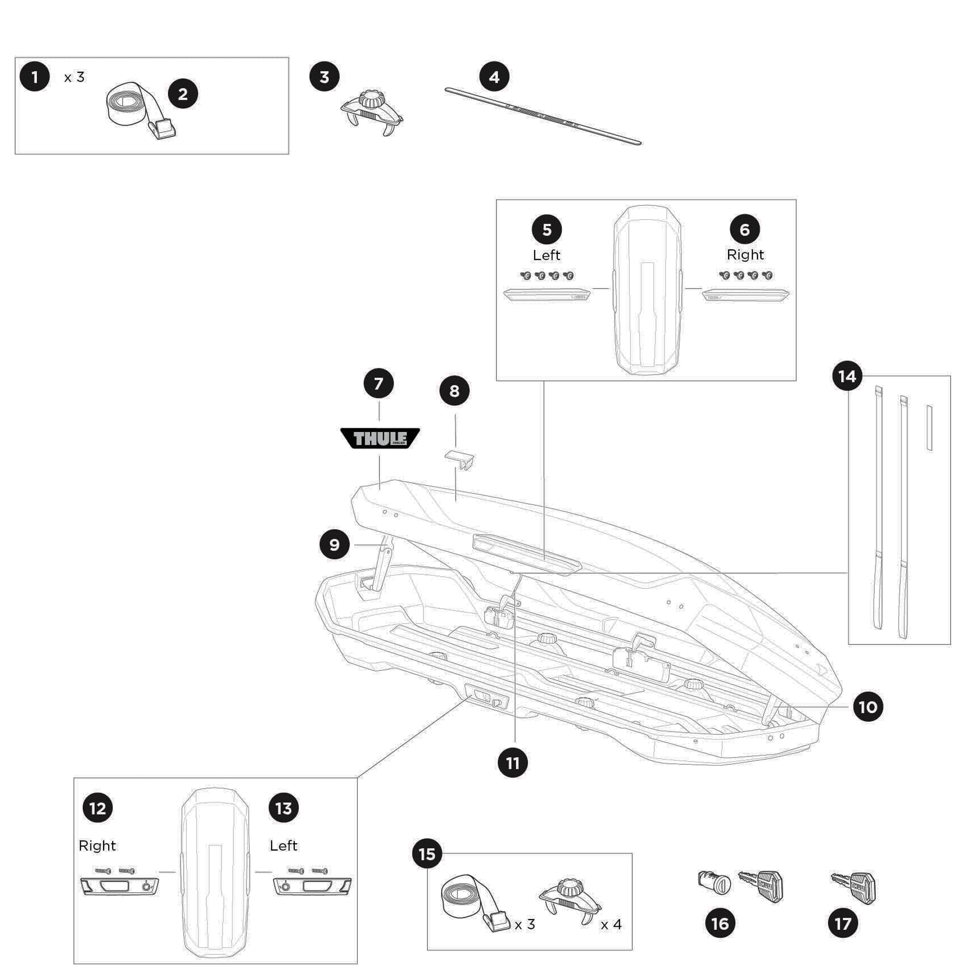Thule Motion 3 XXL Low Roof Box Spare Parts numbered spare-parts diagram