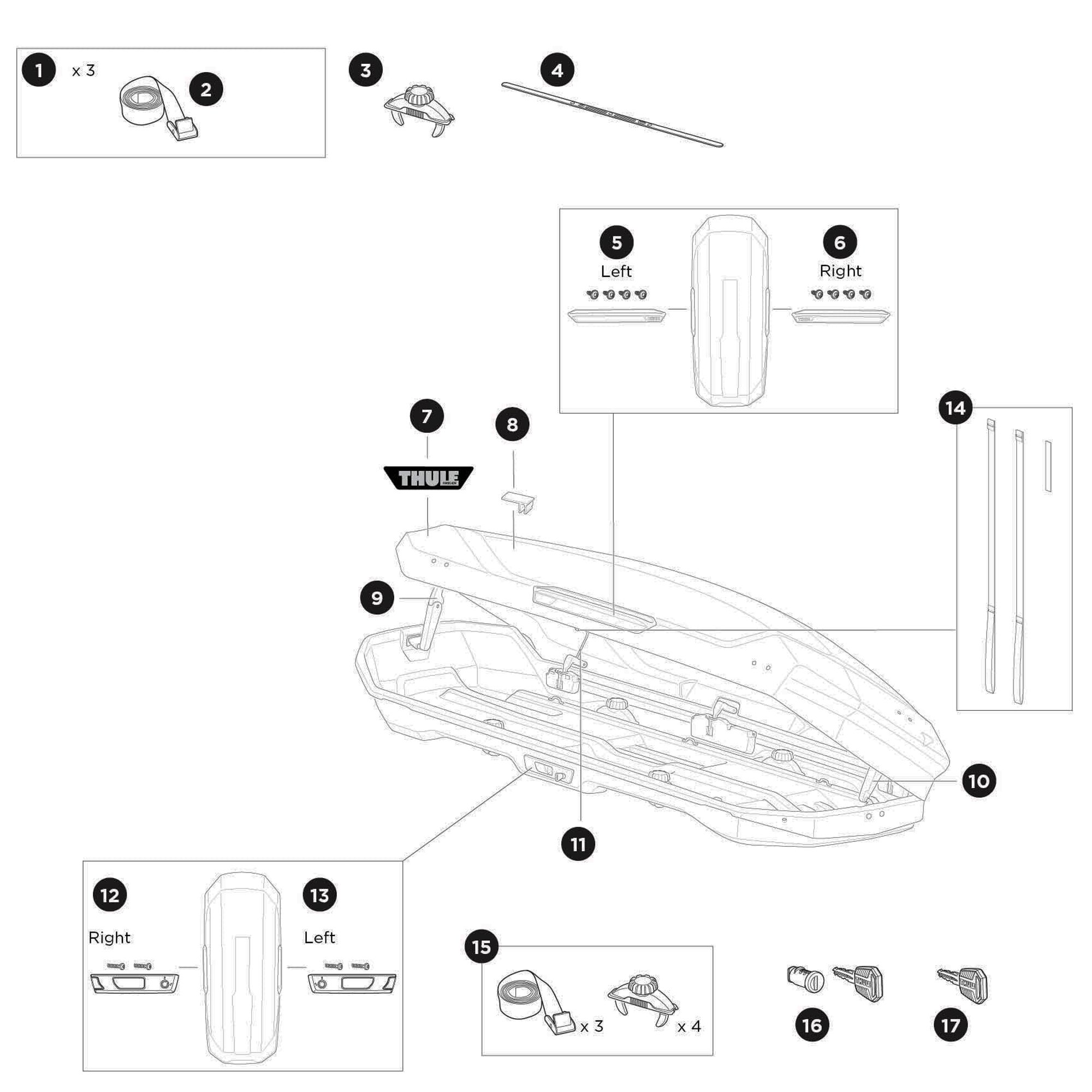 Thule Motion 3 XXL Roof Box Spare Parts numbered spare-parts diagram