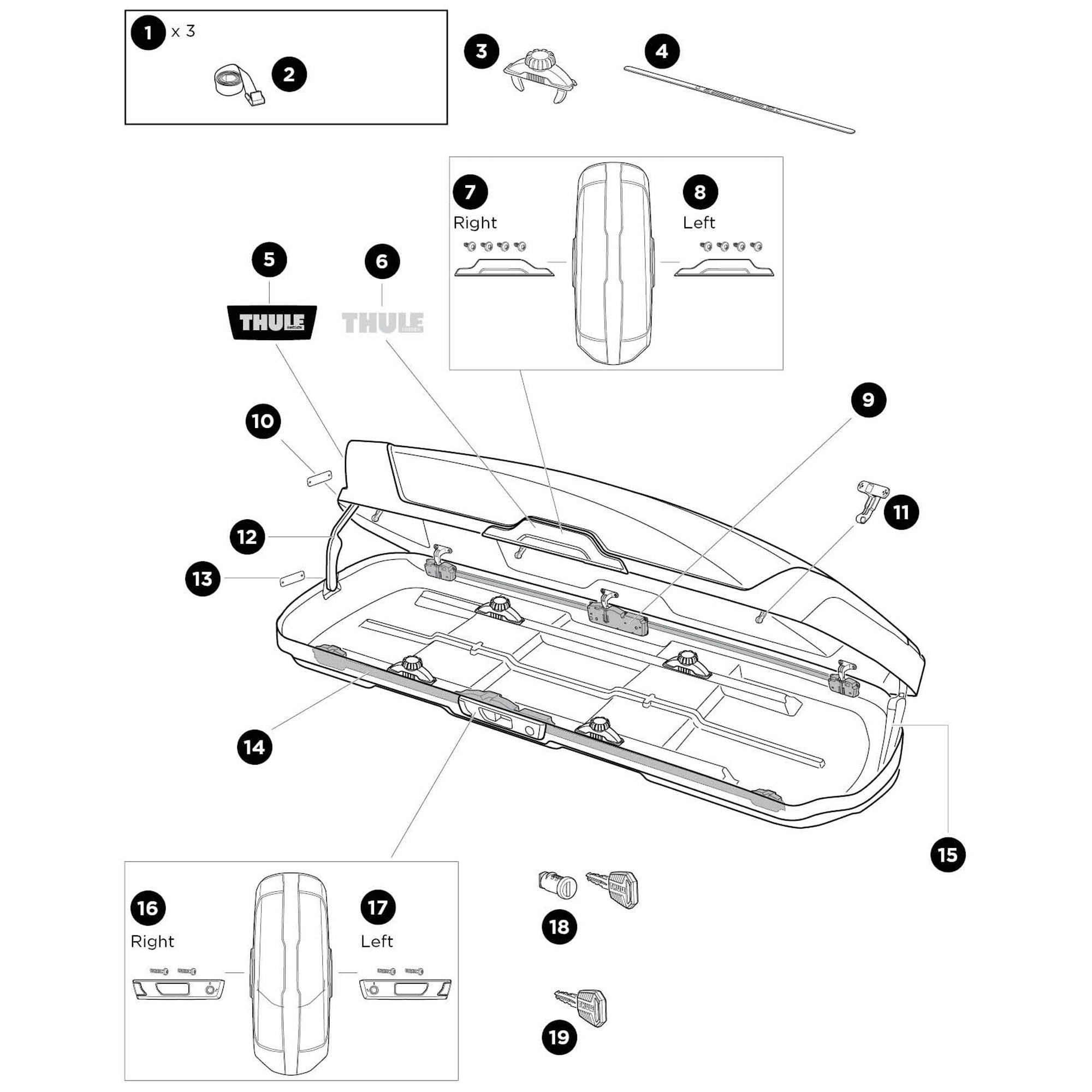 Thule Motion XT Alpine Roof Box Spare Parts numbered spare-parts diagram