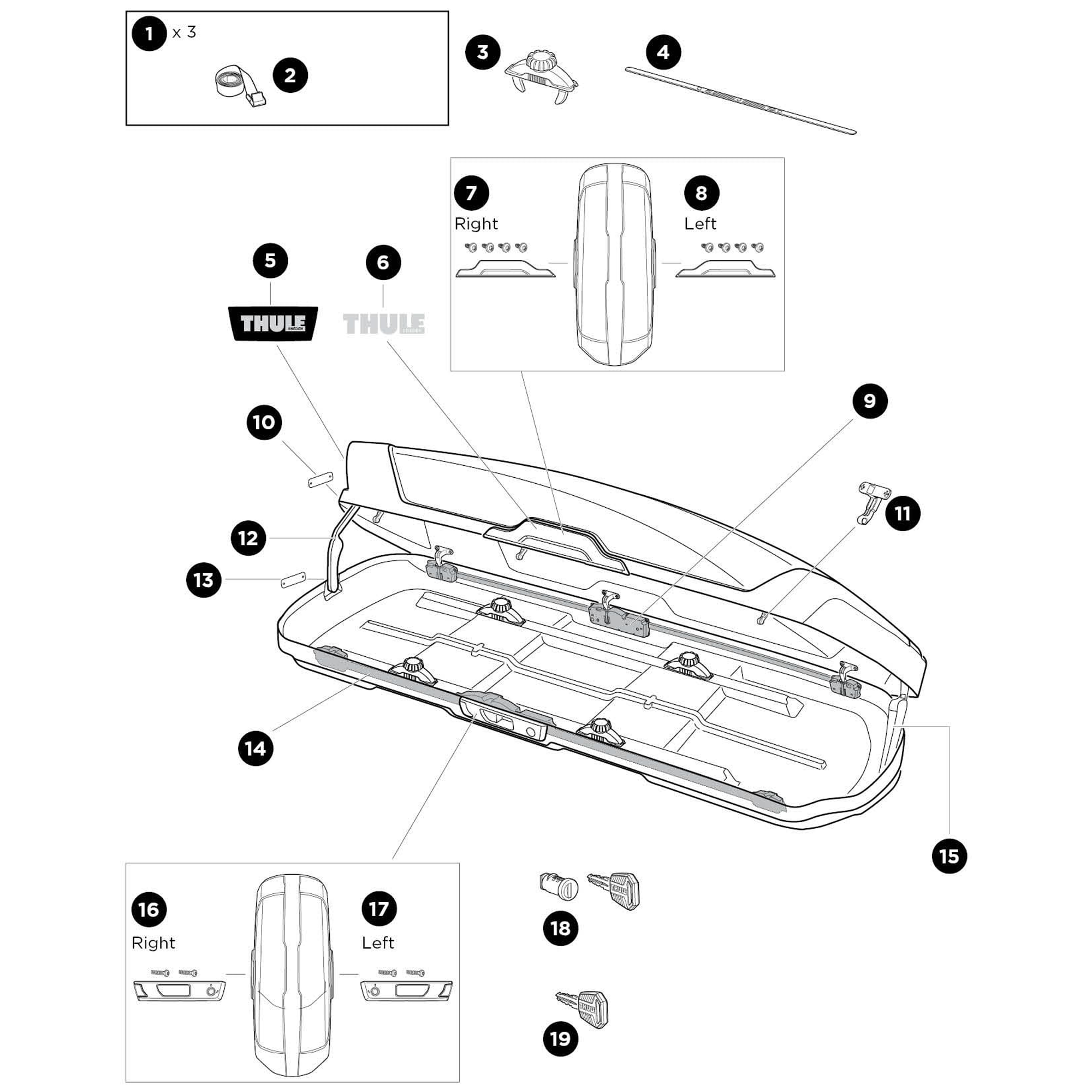 Thule Motion XT L Roof Box Spare Parts numbered spare-parts diagram