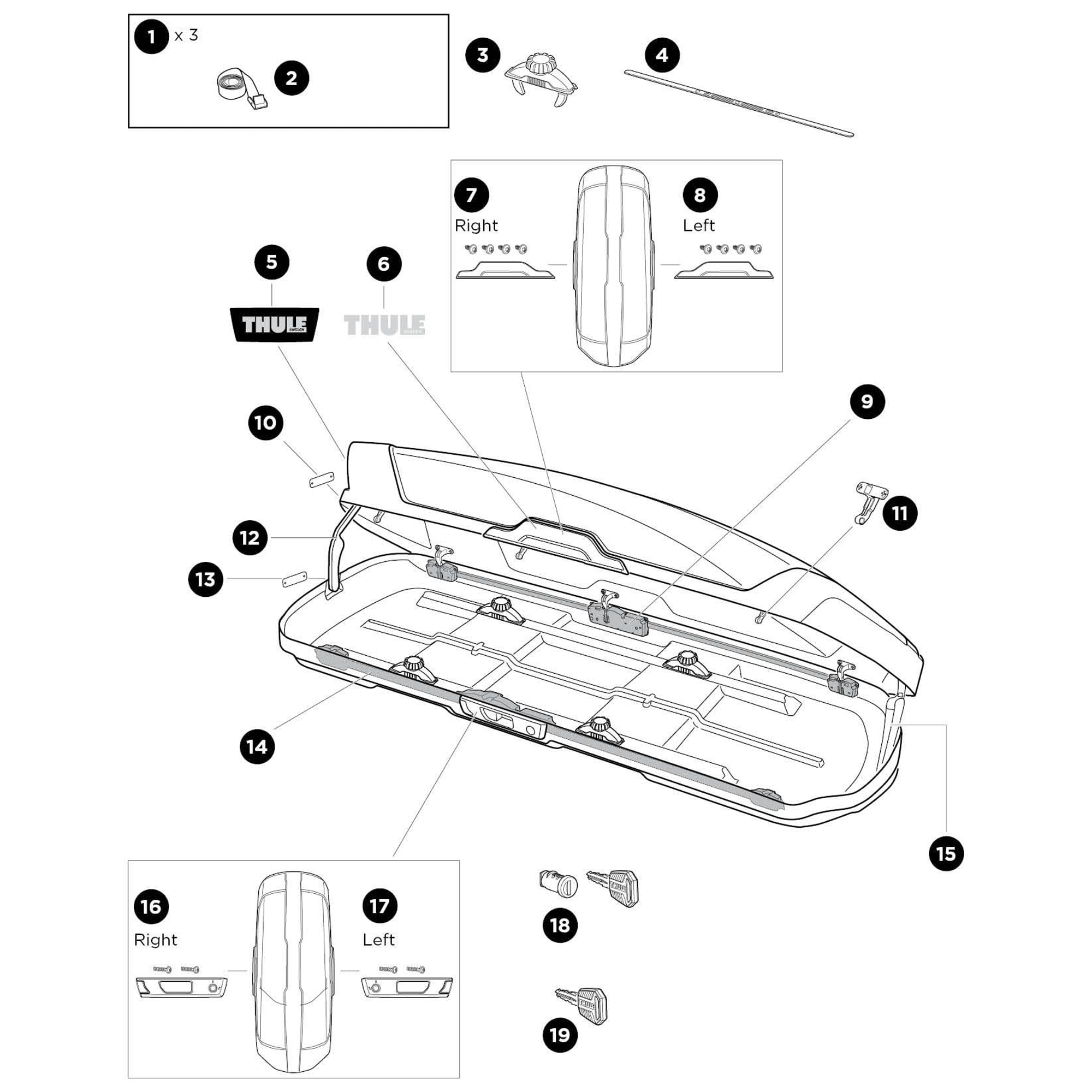 Thule Motion XT Sport Roof Box Spare Parts numbered spare-parts diagram