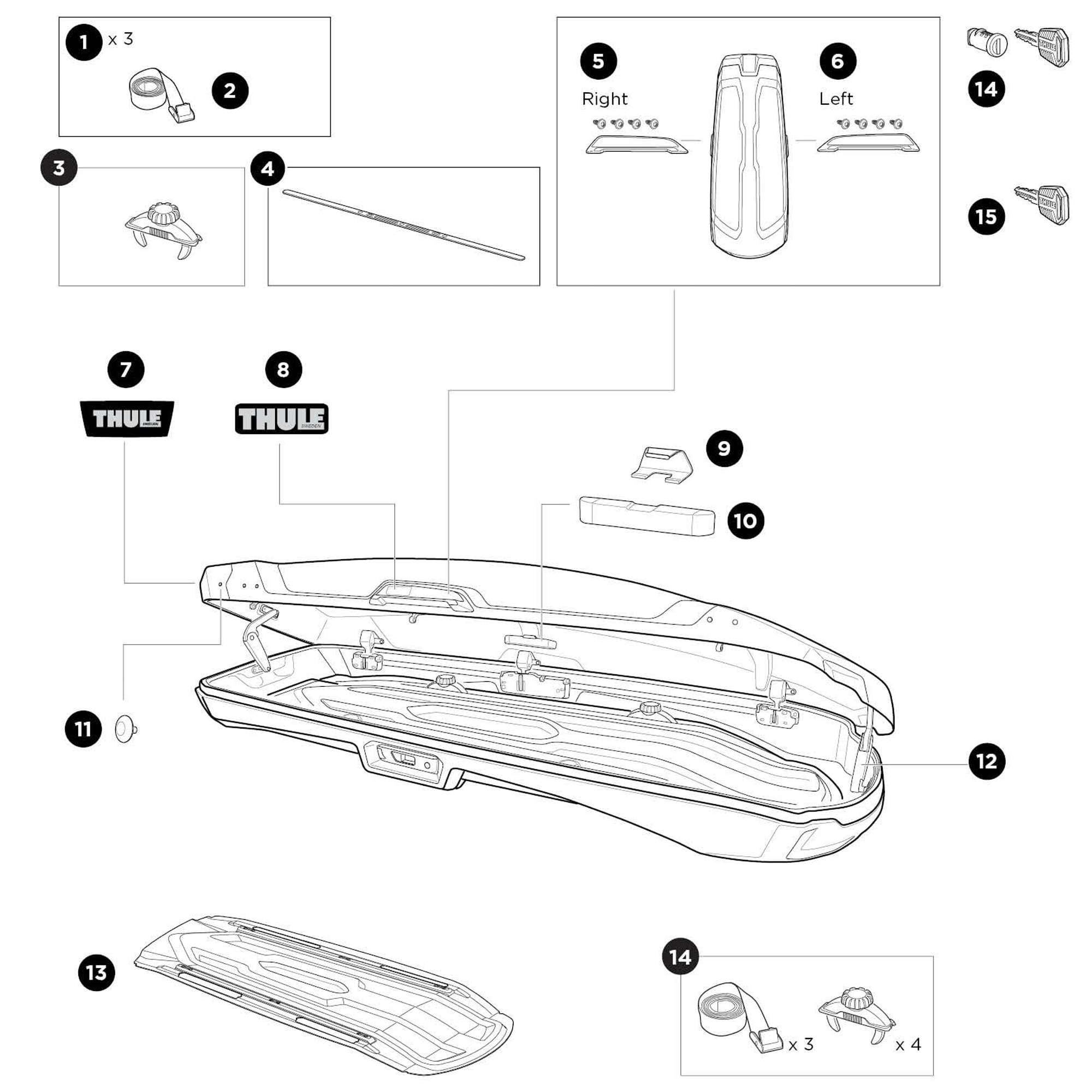 Thule Vector Roof Box Spare Parts numbered spare-parts diagram